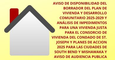AVISO DE DISPONIBILIDAD DEL BORRADOR DEL PLAN DE VIVIENDA Y DESARROLLO COMUNITARIO 2025-2029 Y ANÁLISIS DE IMPEDIMENTOS PARA UNA VIVIENDA JUSTA PARA EL CONSORCIO DE VIVIENDA DEL CONDADO DE ST. JOSEPH Y PLANES DE ACCION 2025 PARA LAS CIUDADES DE SOUTH BEND Y MISHAWAKA Y AVISO DE AUDIENCIA PUBLICA