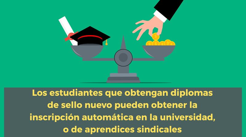 Los estudiantes que obtengan diplomas de sello nuevo pueden obtener la inscripción automática en la universidad, o de aprendices sindicales